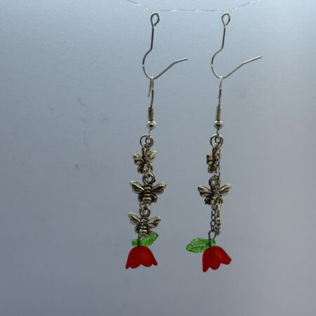 Oorbellen 3 vlinders silver bloemetje rood