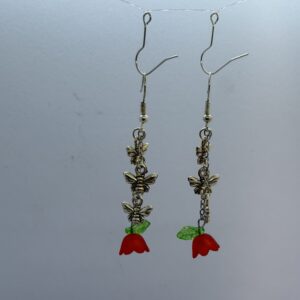 Oorbellen 3 vlinders silver bloemetje rood