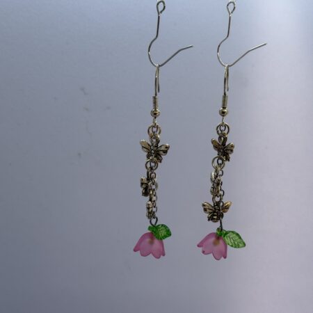 Oorbellen 3 vlinders silver bloemetje roze