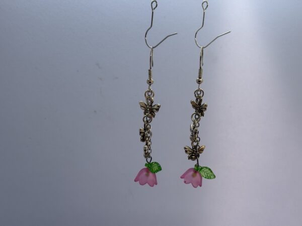 Oorbellen 3 vlinders silver bloemetje roze