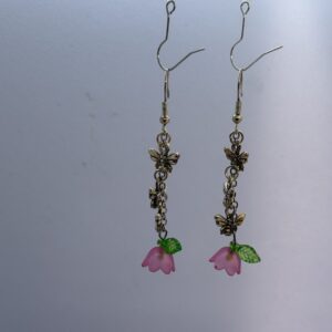 Oorbellen 3 vlinders silver bloemetje roze