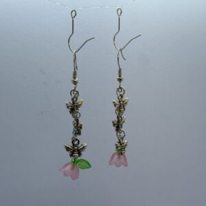 Oorbellen 3 vlinders silver bloemetje licht roze