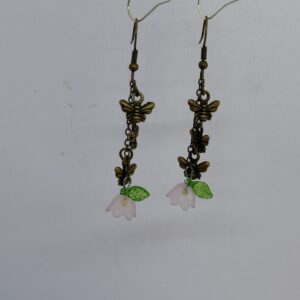 Oorbellen 3 vlinders brons bloemetje paars