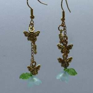 Oorbellen 3 vlinders goud bloemetje blauw